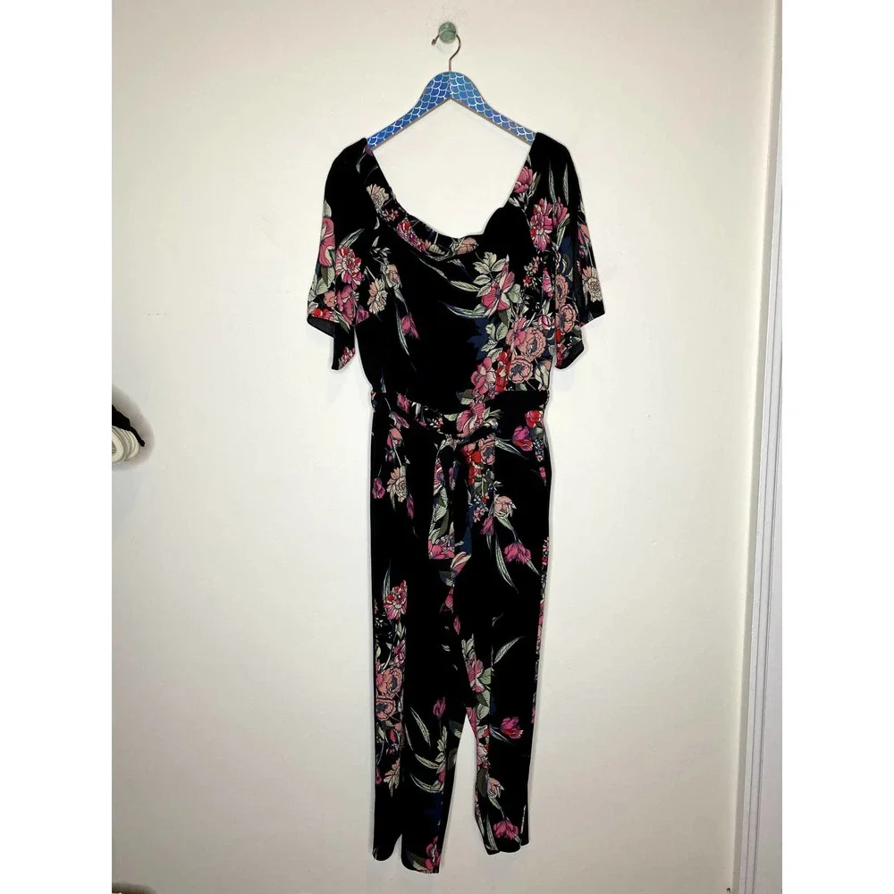 City Chic Black Misty Floral Off The Shoulder Belted Cropped Leg Jumpsuit - Picture 11 of 11